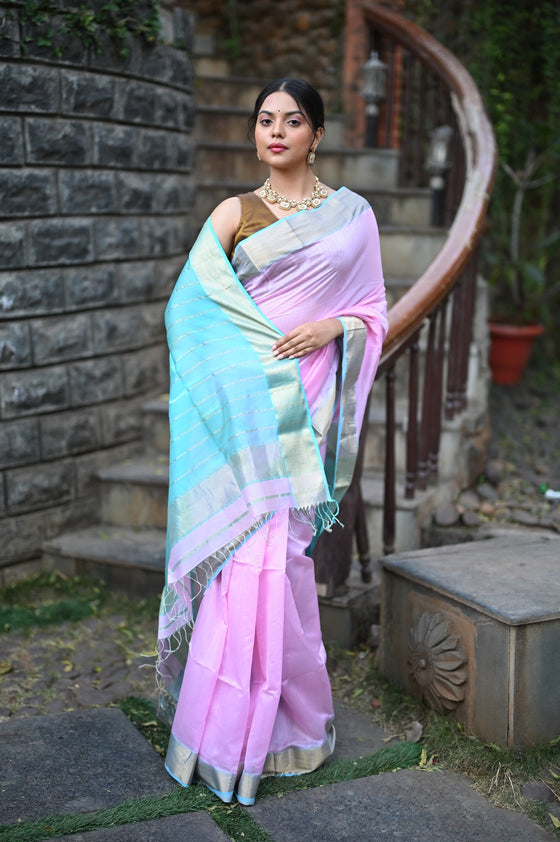 Tarang ~ Handloom Cotton Silk Sleek Designer Border in Lilac Pink & Blue