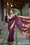 Tarang ~ Handloom Cotton Silk Sleek Designer Border in Rose Maroon with Brocade Pallu