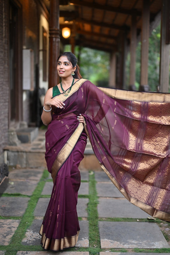 Tarang ~ Handloom Cotton Silk Sleek Designer Border in Rose Maroon with Brocade Pallu