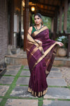 Tarang ~ Handloom Cotton Silk Sleek Designer Border in Rose Maroon with Brocade Pallu