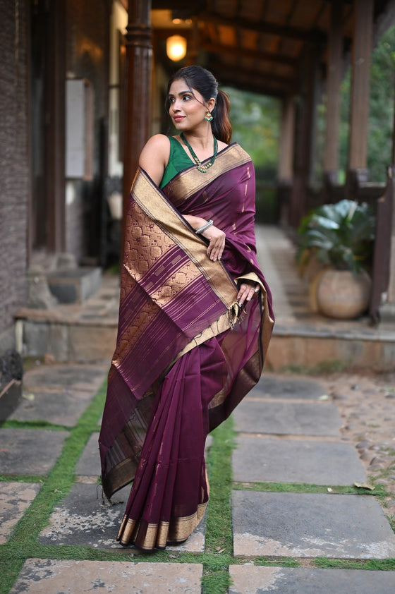 Tarang ~ Handloom Cotton Silk Sleek Designer Border in Rose Maroon with Brocade Pallu