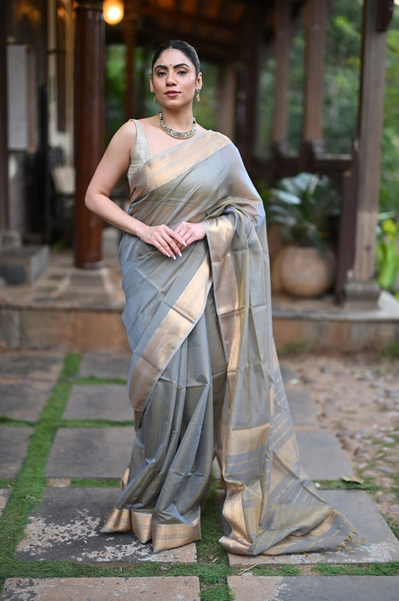 Tarang ~ Handloom Tissue Cotton Silk Sleek Designer Border in Gold Grey