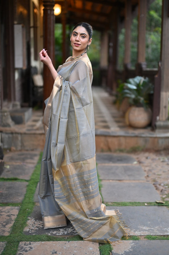 Tarang ~ Handloom Tissue Cotton Silk Sleek Designer Border in Gold Grey