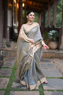  Tarang ~ Handloom Tissue Cotton Silk Sleek Designer Border in Gold Grey