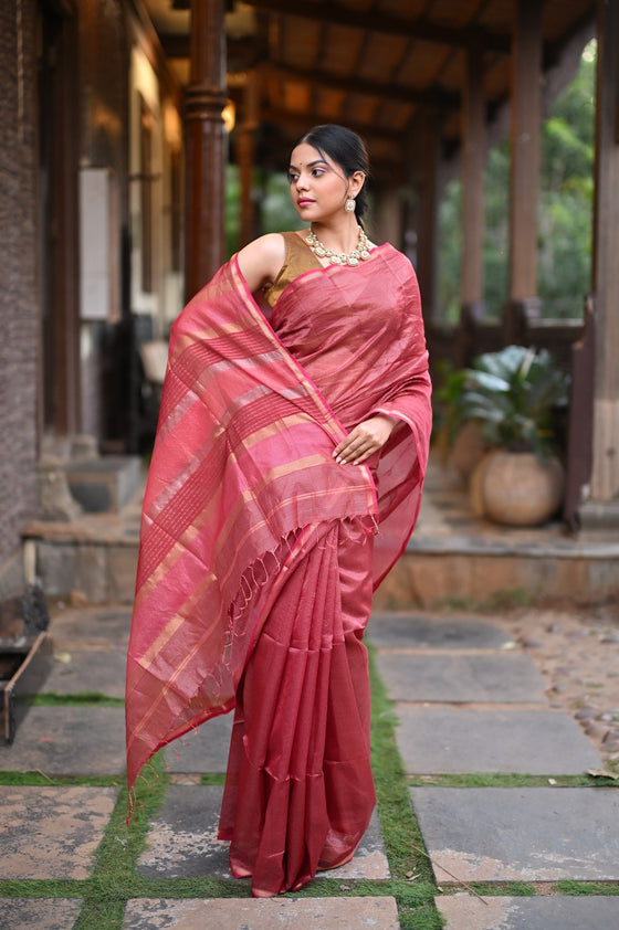 Tarang ~ Handloom Cotton Silk Sleek Designer Border in Mauve Pink