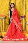Handloom Pure Silk Paithani Dupatta With Beautiful Zari Work and Handwoven Buttis~ Red 