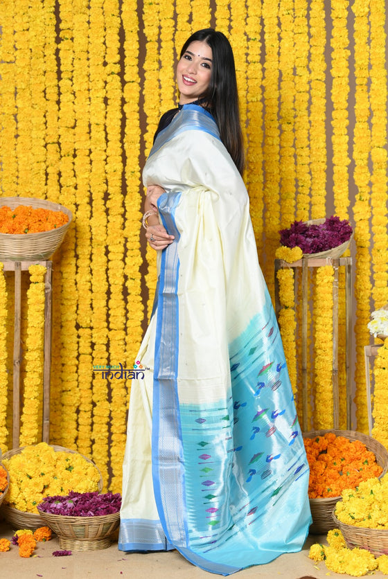 Rajsi~ Handloom Pure Silk Paithani Handcrafted By Senior Weavers WIth Double Pallu ~White and Blue