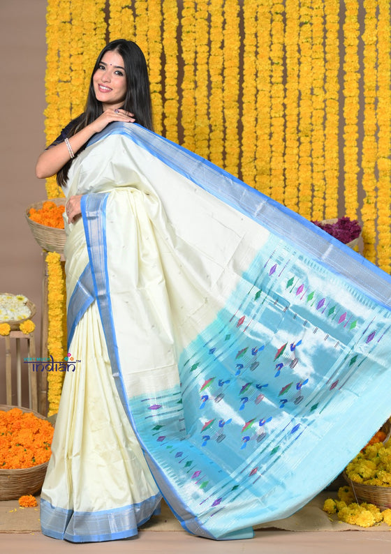Rajsi~ Handloom Pure Silk Paithani Handcrafted By Senior Weavers WIth Double Pallu ~White and Blue