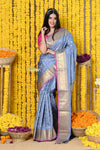 Rajsi~ Handloom Pure Silk Paithani Handcrafted By Senior Weavers With Handcrafted Peacock Pallu ~Lilac