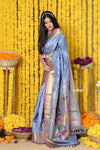 Rajsi~ Handloom Pure Silk Paithani Handcrafted By Senior Weavers With Handcrafted Peacock Pallu ~Lilac