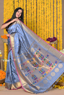  Rajsi~ Handloom Pure Silk Paithani Handcrafted By Senior Weavers With Handcrafted Peacock Pallu ~Lilac