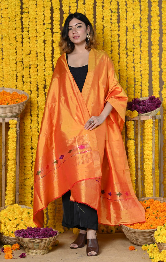 Handloom Pure Silk Paithani Dupatta With Beautiful Zari Work and Handwoven Buttis~ Orange
