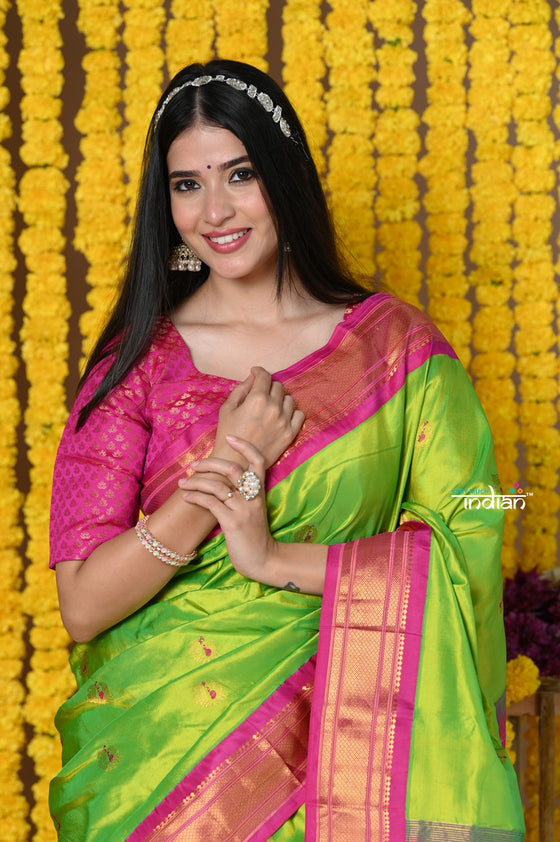 Rajsi~ Premium Handloom Pure Silk Maharani Paithani With Contrast Maharani Pallu~ Peacock Border
