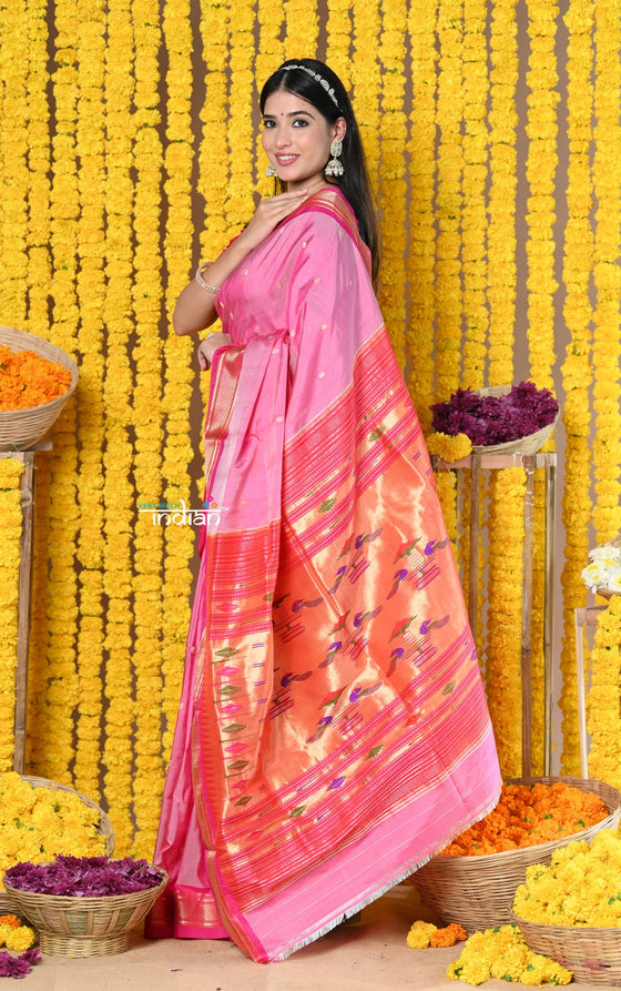Rajsi~Handloom High Quality Pure SIlk Paithani With Most Traditional Double Pallu~ Feroze Pink