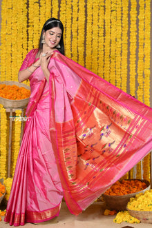  Rajsi~Handloom High Quality Pure SIlk Paithani With Most Traditional Double Pallu~ Feroze Pink