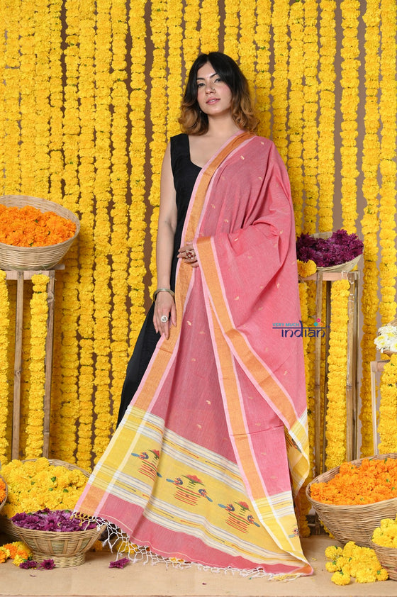 Rajsi~Handloom Pure Cotton Paithani Dupatta With Traditional Paithani Handweave and Tassels ~ Pink