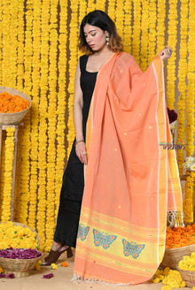  Rajsi~Handloom Pure Cotton Paithani Dupatta With Beautiful Butterfly Handweave and Tassels~ Orange