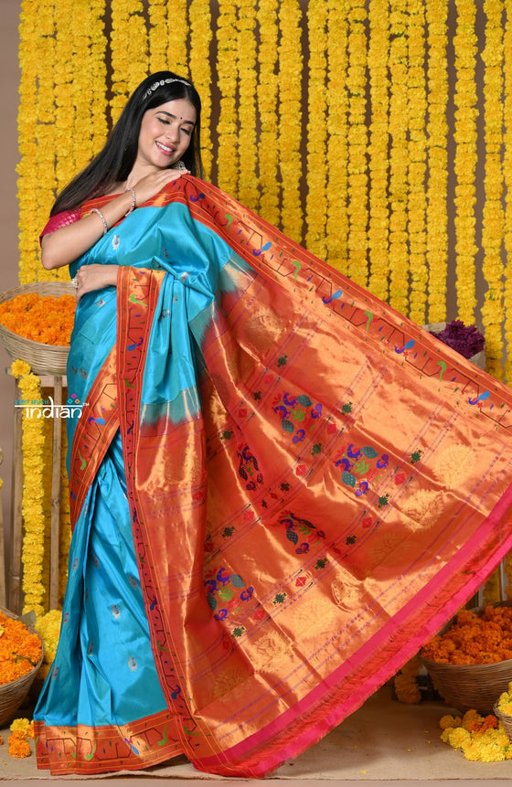 Rajsi~EXCLUSIVE!Handloom High Quality Pure Silk Paithani With Most Traditional Zari Border~ Feroze Blue and Zari