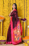 Rajsi~Designed By VMI Premium~ Handloom Pure Silk Muniya With Lotus and Rajhans Pallu in Wine
