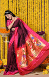 Rajsi~Designed By VMI Premium~ Handloom Pure Silk Muniya With Lotus and Rajhans Pallu in Wine