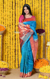 Rajsi~ Handloom Pure Silk Muniya Border Paithani Saree WIth Handcrafted Peacock Pallu in Turquoise Blue