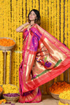 Rajsi~ Handloom Pure Silk Paithani Saree WIth Handcrafted Radha Krishan Pallu in Pink