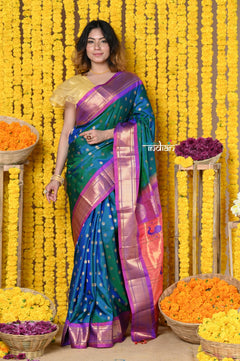 Rajsi~ Handloom Pure Silk Maharani Paithani~ Cerulean Blue with Purple