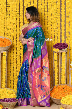 Rajsi~ Handloom Pure Silk Maharani Paithani~ Cerulean Blue with Purple