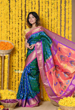 Rajsi~ Handloom Pure Silk Maharani Paithani~ Cerulean Blue with Purple