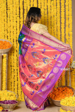 Rajsi~ Handloom Pure Silk Maharani Paithani~ Cerulean Blue with Purple