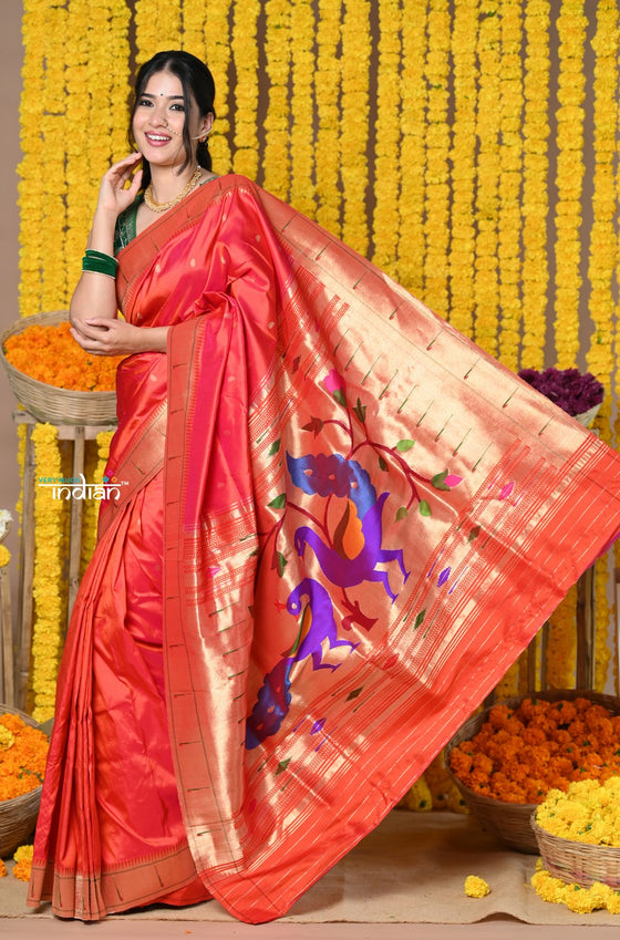 Rajsi~ Handloom Pure Silk Muniya Border Saree with Handcrafted Peacock Pallu in Peach Red