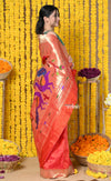 Rajsi~ Handloom Pure Silk Muniya Border Saree with Handcrafted Peacock Pallu in Peach Red