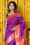 Buy  Handloom Pure Silk Muniya Border Saree WIth Handcrafted Peacock Pallu in Starlight Violet 