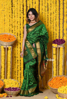  Handloom Pure Silk Maharani Paithani With Handcrafted Maharani Pallu~ Dark Green
