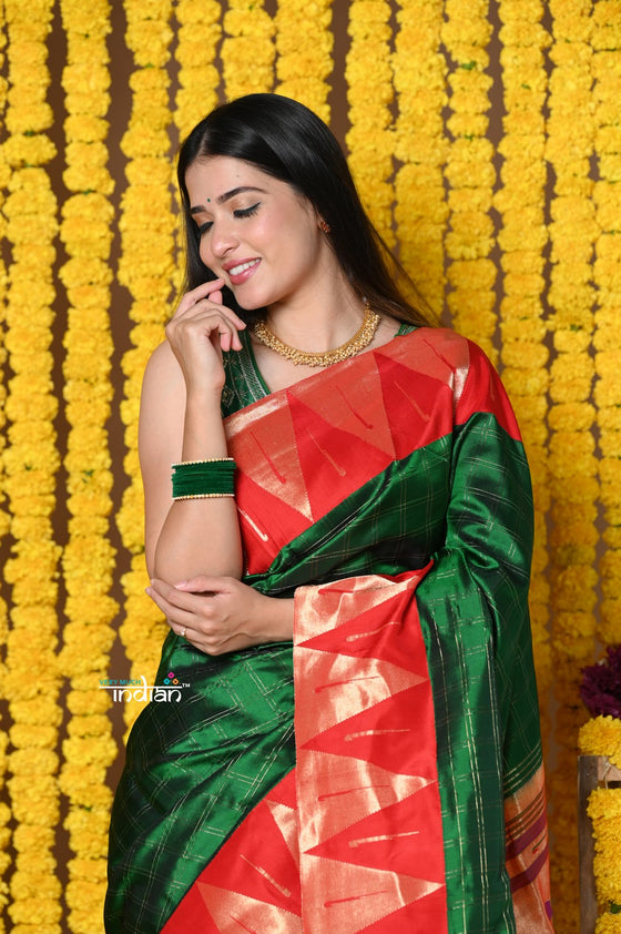 Rajsi~ EXCLUSIVE! Handloom Pure Silk Muniya Border Saree WIth Handcrafted Parrot Pallu in Dark Green