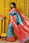 Rajsi~ Premium! Handloom Pure Silk Parrot Peacock Muniya Border Saree WIth Handcrafted Peacock Pallu in Metalic Blue