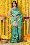 Rajsi~ Handloom Pure Silk Maharani Paithani With Handcrafted Maharani Pallu Sky Blue Zari