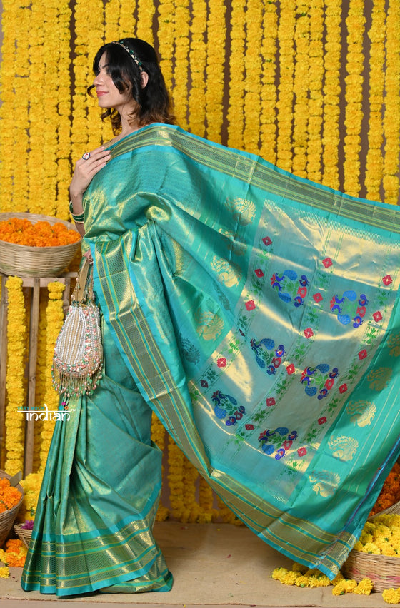 Rajsi~ Handloom Pure Silk Maharani Paithani With Handcrafted Maharani Pallu Sky Blue Zari