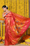Rajsi~ Handloom Pure Silk Brocade Maharani Paithani With Handcrafted Maharani Pallu ~ Dual Tone Peach Pink