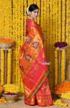 Rajsi~ Handloom Pure Silk Maharani Paithani With Handcrafted Maharani Pallu ~ Dual Tone Red Peach