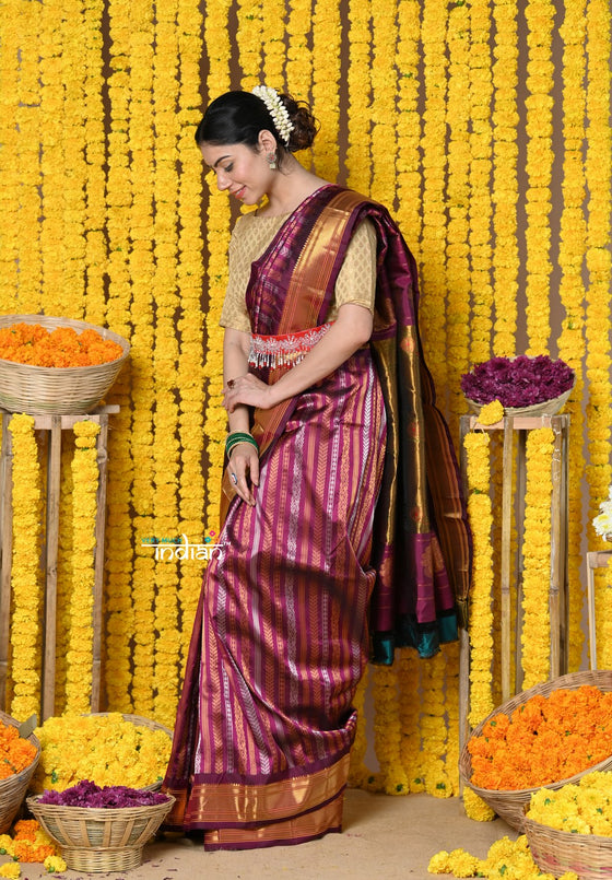 Rajsi~ Handloom Pure Silk Maharani Paithani With Overall Brocade~ Maroon Golden