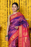 Rajsi~ Handloom Pure Silk Maharani Paithani With Overall Brocade~Dual Tone Purple Golden