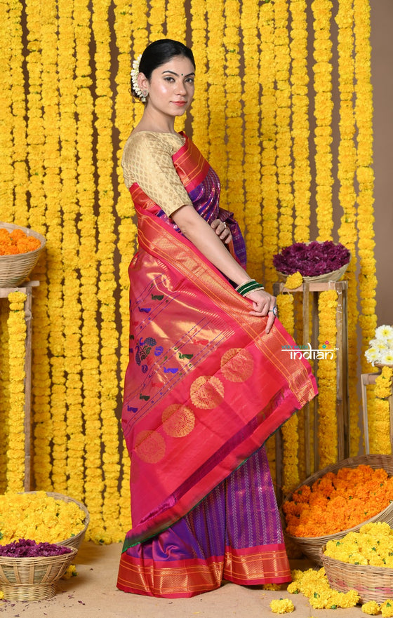 Rajsi~ Handloom Pure Silk Maharani Paithani With Overall Brocade~Dual Tone Purple Golden