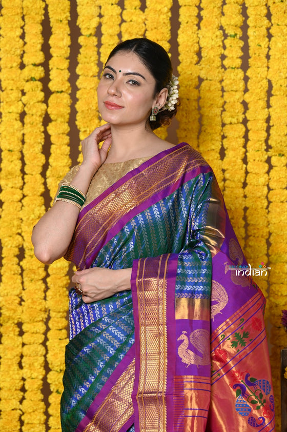 Rajsi~ Handloom Pure Silk Maharani Paithani With Overall Brocade~ Cerulean Blue with Purple