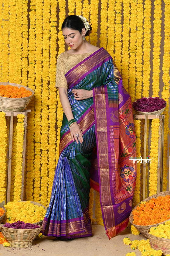 Rajsi~ Handloom Pure Silk Maharani Paithani With Overall Brocade~ Cerulean Blue with Purple