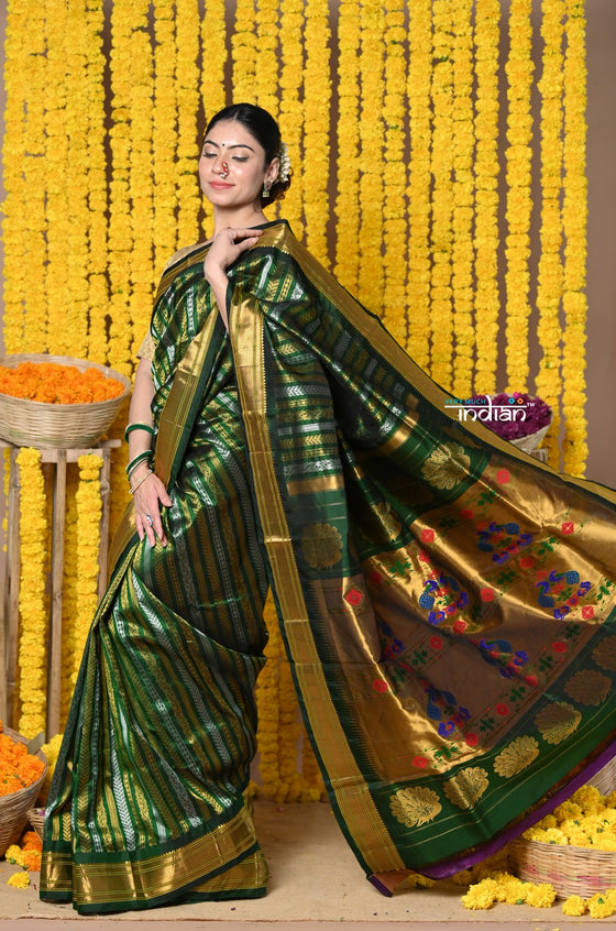 Rajsi~ Handloom Pure Silk Maharani Paithani With Overall Brocade Green and Golden