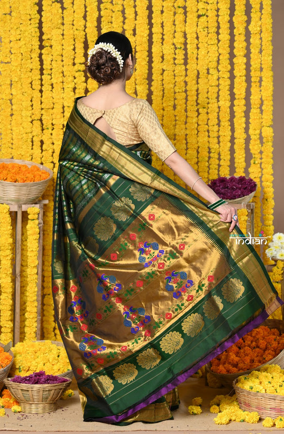 Rajsi~ Handloom Pure Silk Maharani Paithani With Overall Brocade Green and Golden