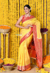 Buy Handloom Pure Silk Muniya Border Saree With Handcrafted Peacock Pallu in Yellow