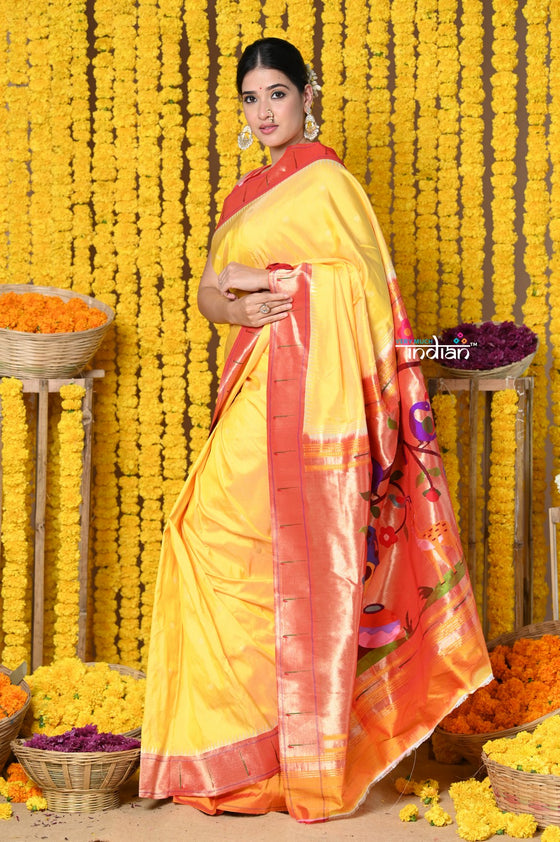 Buy Handloom Pure Silk Muniya Border Saree With Handcrafted Peacock Pallu in Yellow