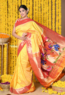  Rajsi~ Handloom Pure Silk Muniya Border Saree With Handcrafted Peacock Pallu in Yellow